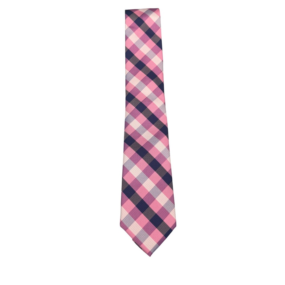 Nautica Mens Tie Pink Navy Blue White Plaid Check Pattern Silk Blend Necktie